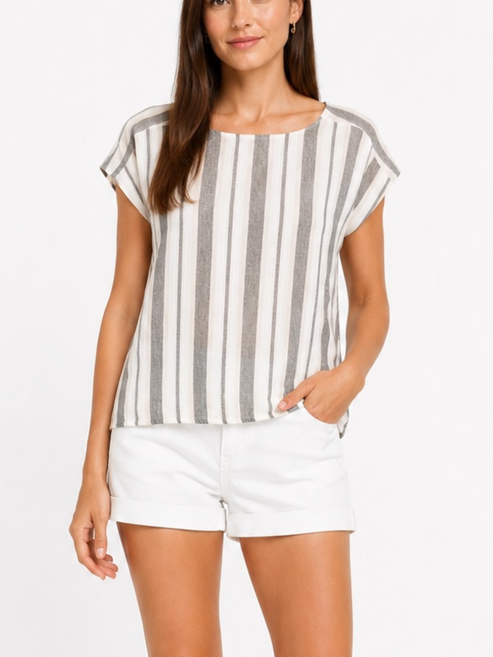 Doe & Rae Linen Blend Stripe Cap Sleeve Top Neutral Beige Gray Blouse Preppy S